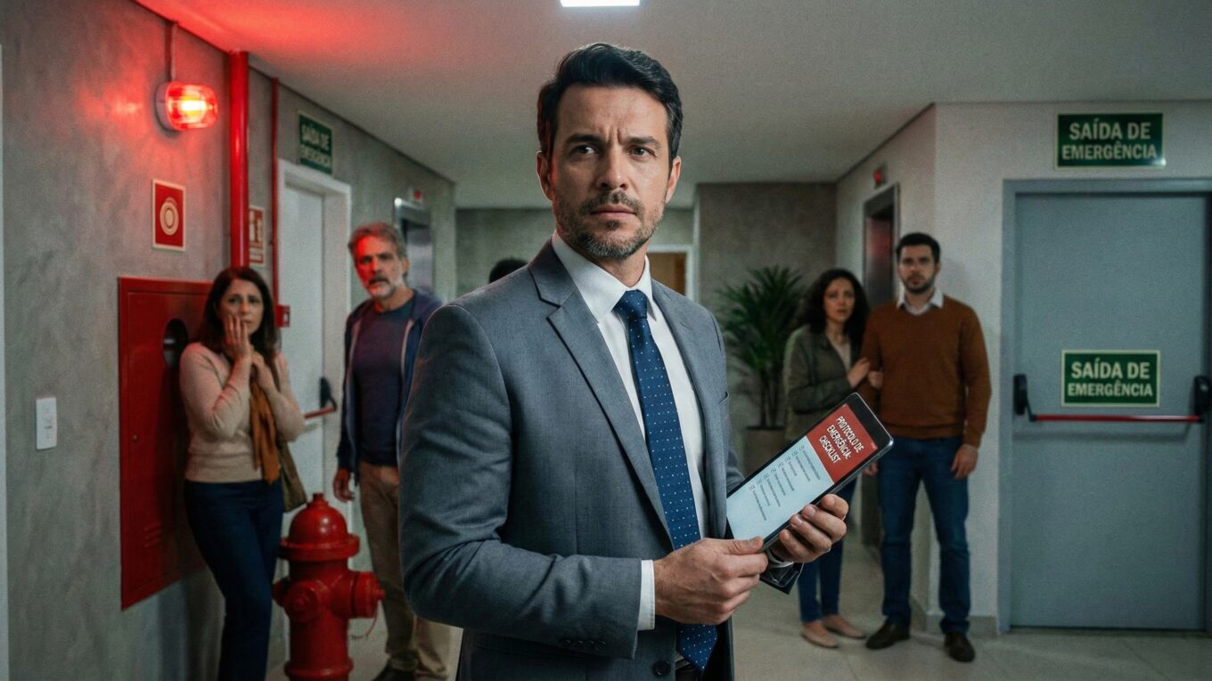 Síndico gerenciando emergências no condomínio com checklist de protocolos