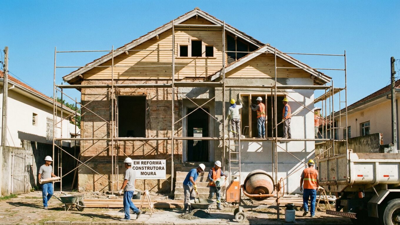 reforma de verão em porto alegre com equipe trabalhando em fachada