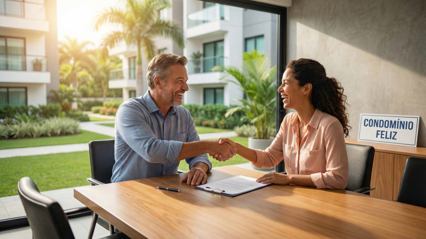Síndico revisando contrato com fornecedor de serviços para condomínio