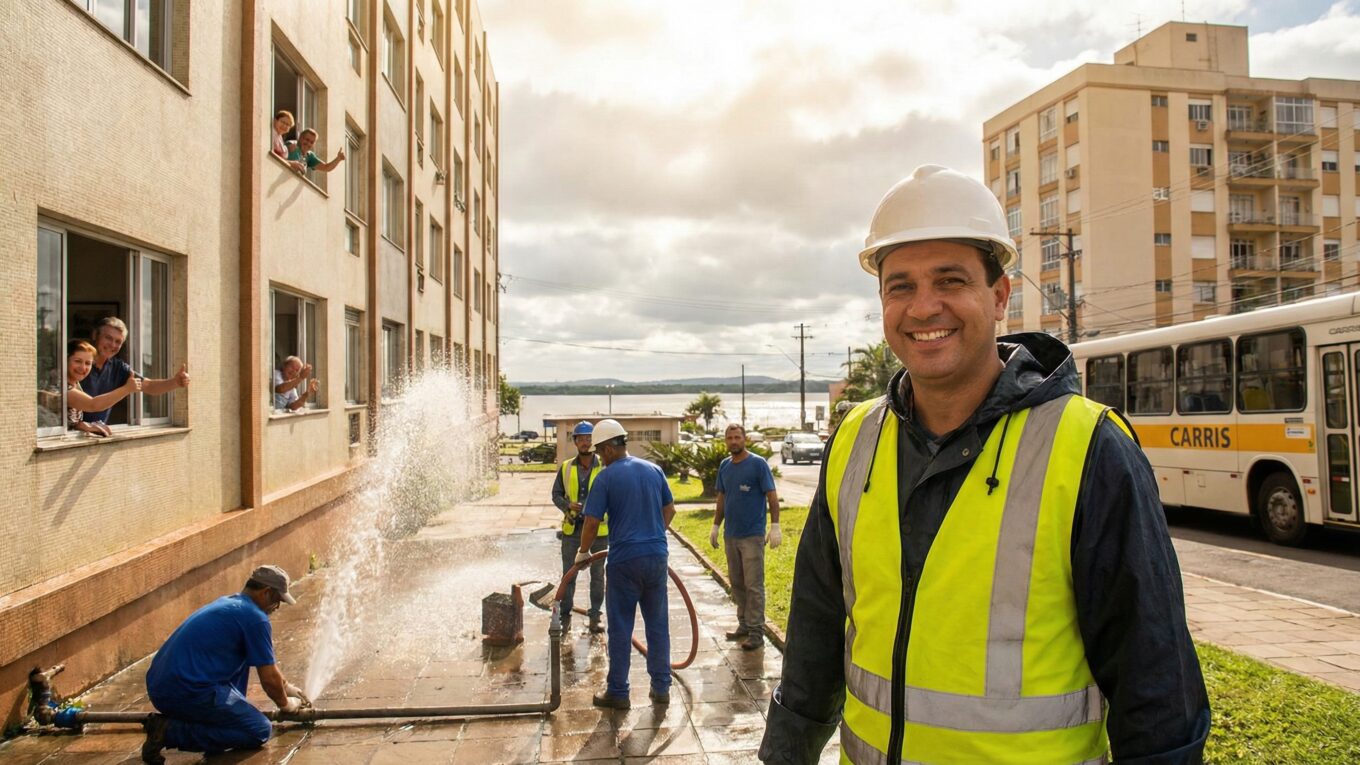 Síndico gerenciando emergência de vazamento em condomínio em Porto Alegre