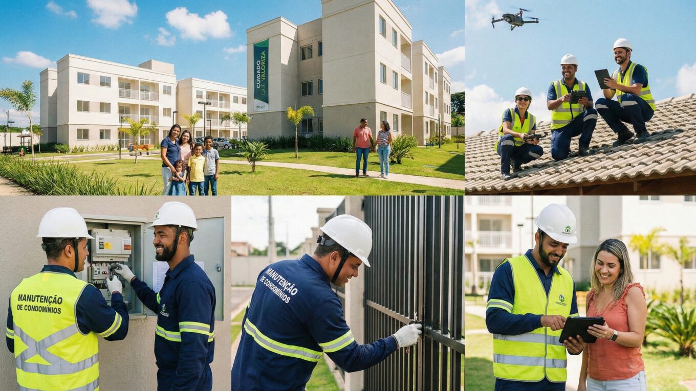 manutenção preventiva e corretiva em condomínio — equipe técnica realizando inspeção predial