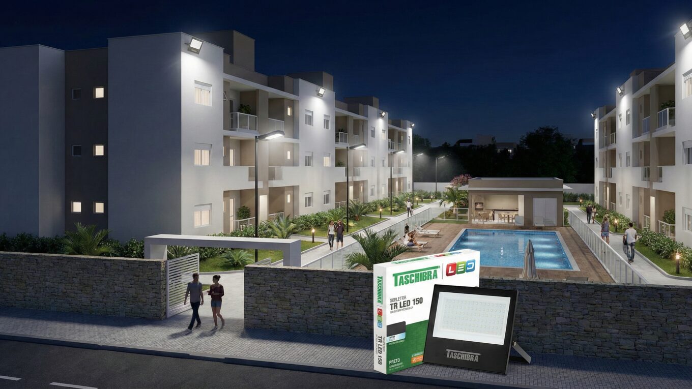 Refletor LED iluminando área externa de condomínio em Porto Alegre
