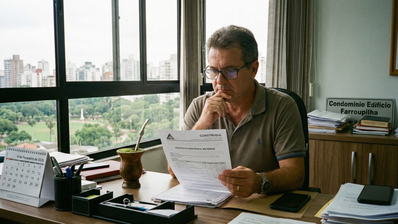 Síndico avaliando proposta de fornecedor de materiais para condomínio em Porto Alegre