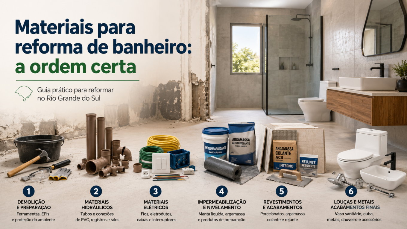 Materiais para reforma de banheiro organizados durante obra em Porto Alegre
